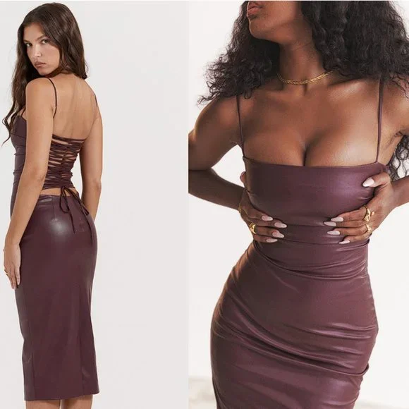 jalena lace-up back faux leather cocktail dress Shona Joy - La Lune Lace Back Maxi Dress - Black